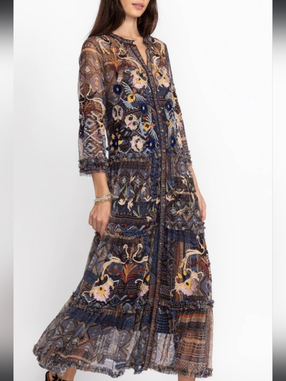 Johnny Was Biya Loane  Embroidered Mesh Midi Maxi Dress Med Boho Floral